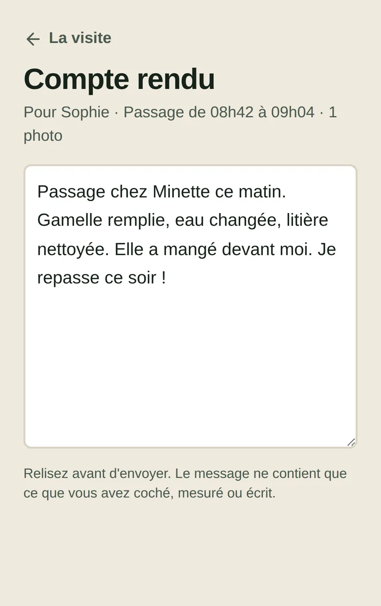 L'écran de compte rendu : le texte rédigé à partir de ce qui a été coché, à relire avant l'envoi.
